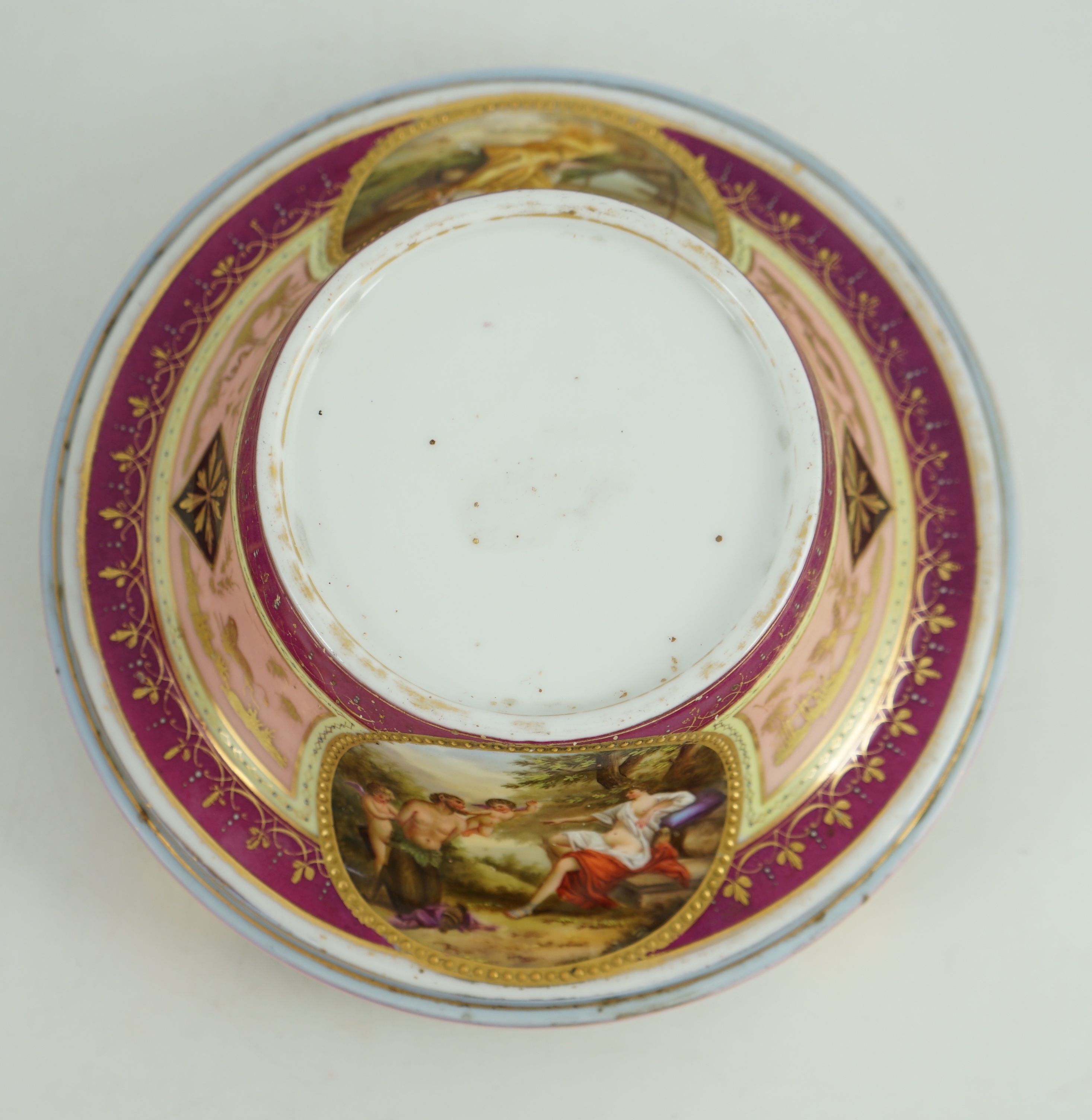 A Vienna style porcelain two handled cup, cover and stand, late 19th century, 42 cm high